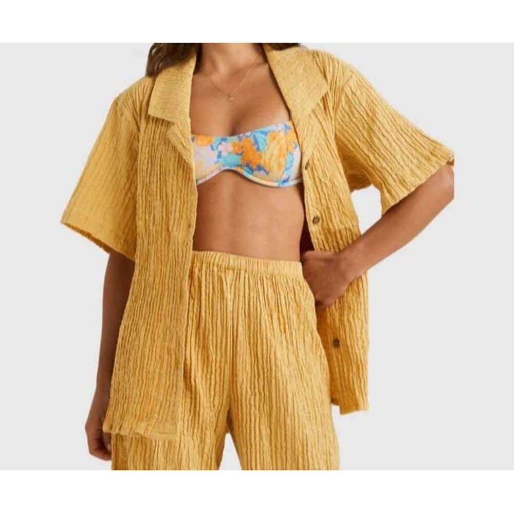 Billa Bong Julia Shirt Womens M 10 Citrus Crinkle Cotton Mustard Yellow NEW
